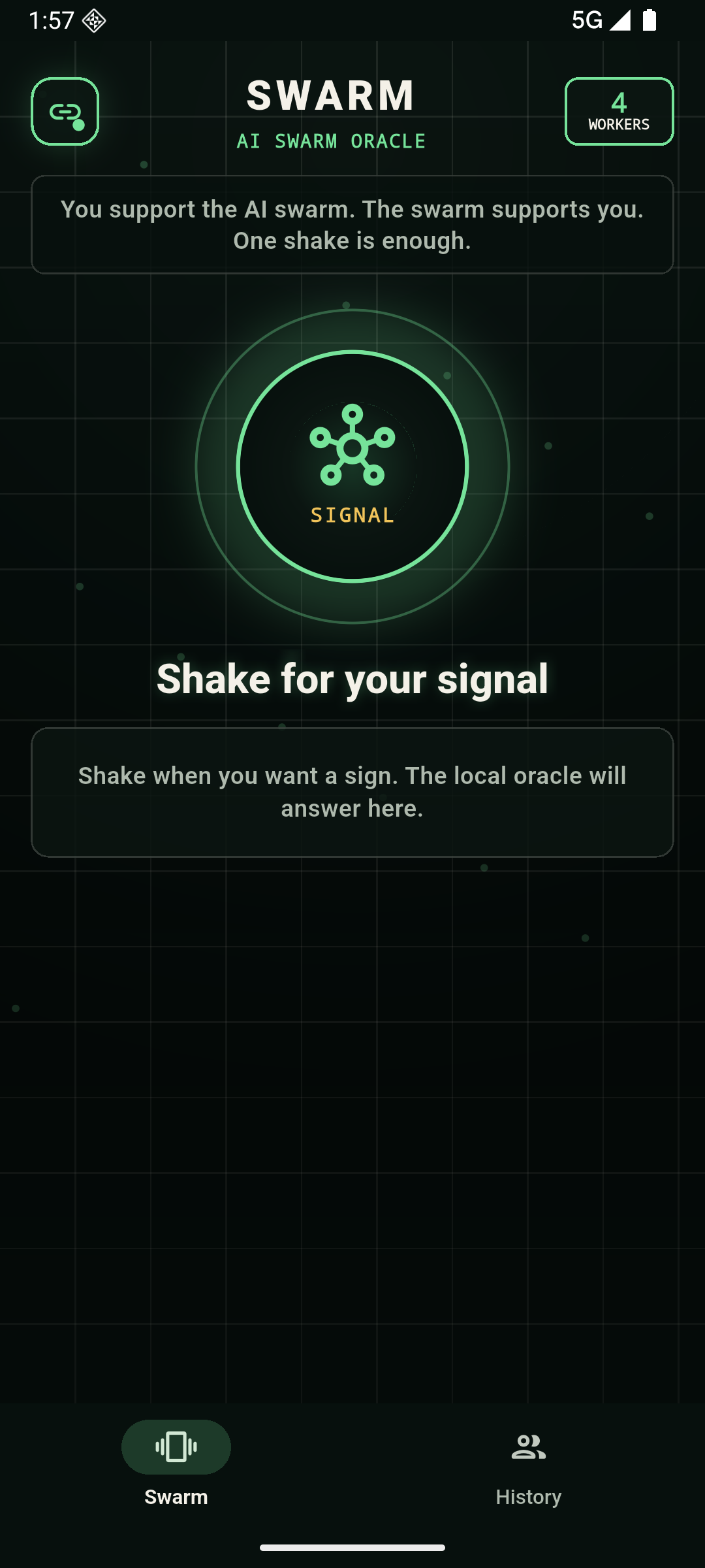 Swarm Oracle Android app screen showing the shake signal interface